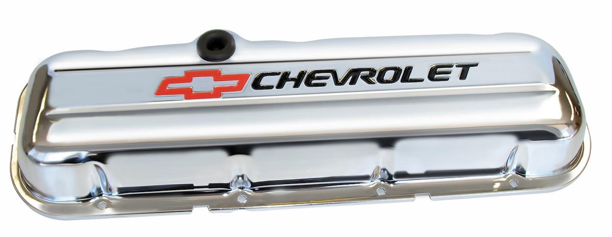 Proform Engine Valve Covers, Stamped Steel, Short, Chrome, w/ Bowtie Logo, Fits BB Chevy 141-812