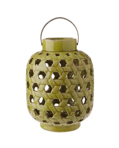 12.5″ Tea Garden Caladium Leaf Green Glazed Terracotta Crackled Decorative Pillar Candle Lantern