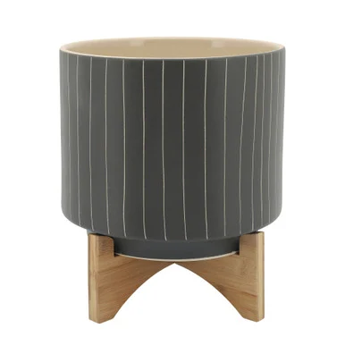 12″ Gray and Beige Ceramic Striped Planter with Stand