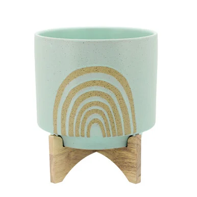 12″ Mint Green and Beige Abstract Ceramic Planter with Stand
