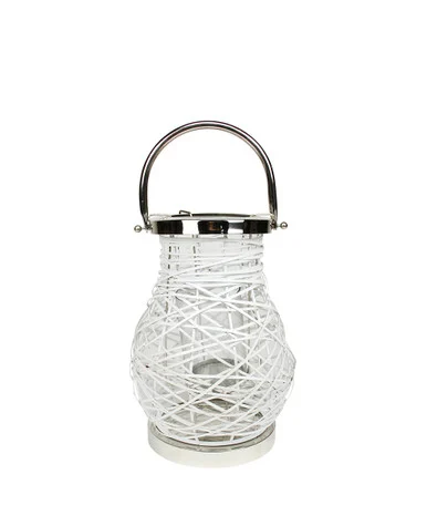 13.5″ Modern White Decorative Woven Iron Pillar Candle Lantern with Glass Hurricane