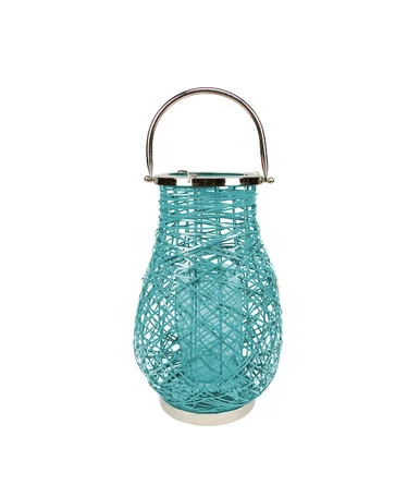16.25″ Modern Turquoise Blue Decorative Woven Iron Pillar Candle Lantern with Glass Hurricane