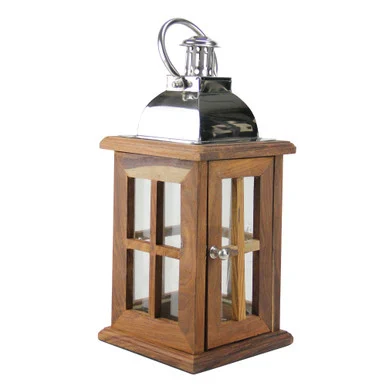 18″ Modern Sheesham Wood Candle Lantern with Silver Metal Handle