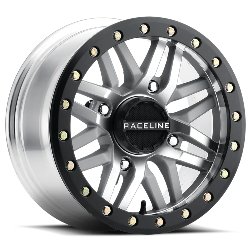 Raceline A91MA Ryno 15x7in/4×156 BP/10mm Offset/132.5mm Bore – Machined & Black Ring Beadlock Wheel