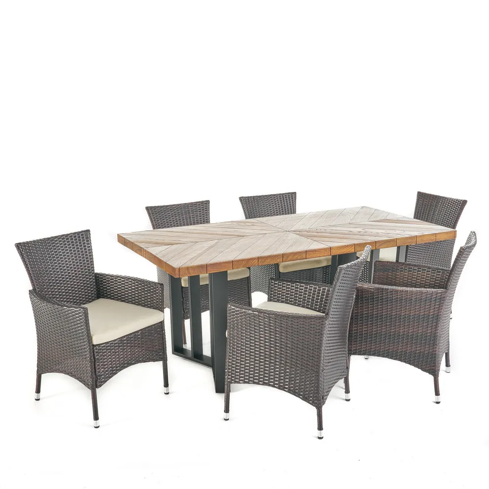 7-Piece Brown Contemporary Rectangle Outdoor Furniture Patio Dining Set – Beige Cushions