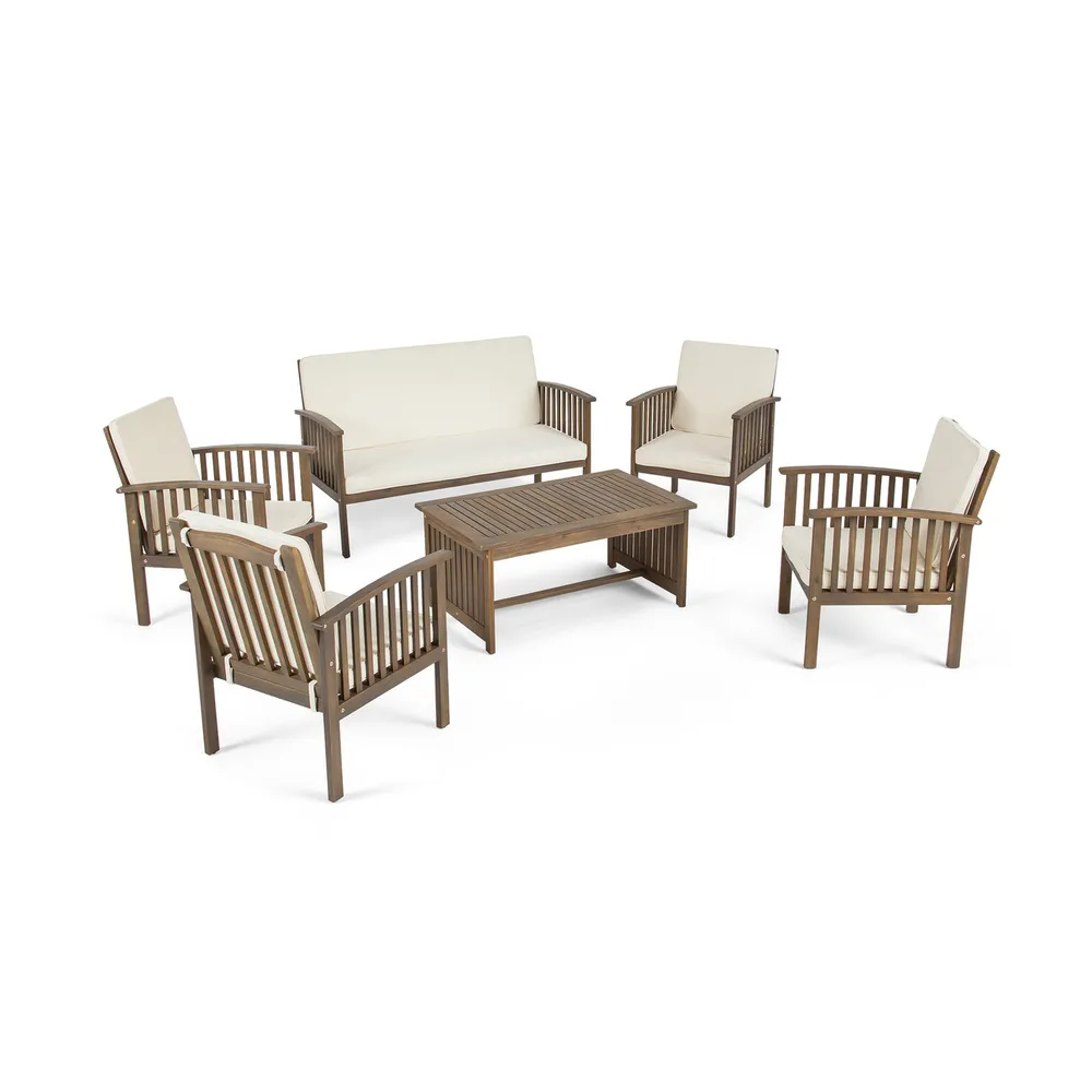 6pc White and Brown Contemporary Outdoor Chat Set with Cushions