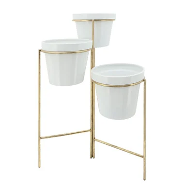 32″ White and Gold Three Layered Planters on Stand