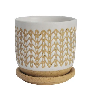 5″ Brown and Ivory Ceramic Aztec Planter with Saucer