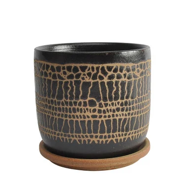 6″ Black and Beige Ceramic Glazed Planter with Saucer