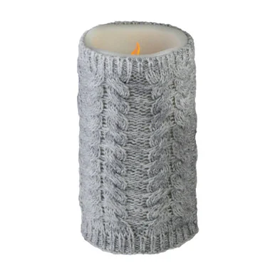 6″ Gray Faux Sweater Wrapped Flameless Pillar Candle – Battery Operated