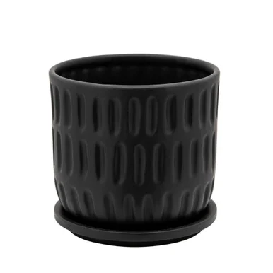 6″ Matte Black Textured Ceramic Planter with Saucer