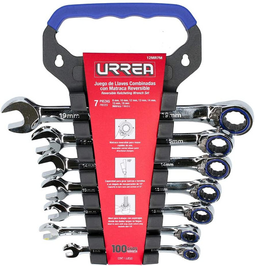 URREA Metric Reversible Combination Ratcheting Wrench Set,12 Point,12MR7M