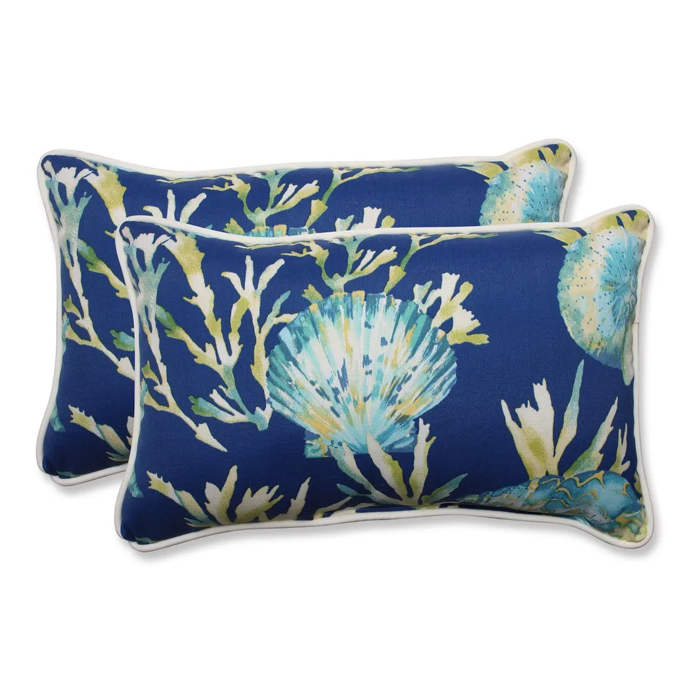 Set of 2 Blue and Green Tropical Island Outdoor Corded Throw Pillows 18.5″