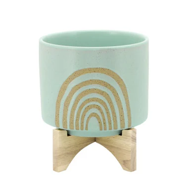 9″ Mint Green and Beige Abstract Ceramic Planter with Stand