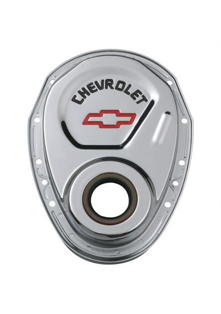 Proform Timing Chain Cover, Chrome, Steel, With Chevy and Bowtie Logo, SB Chevy 69-91 141-904