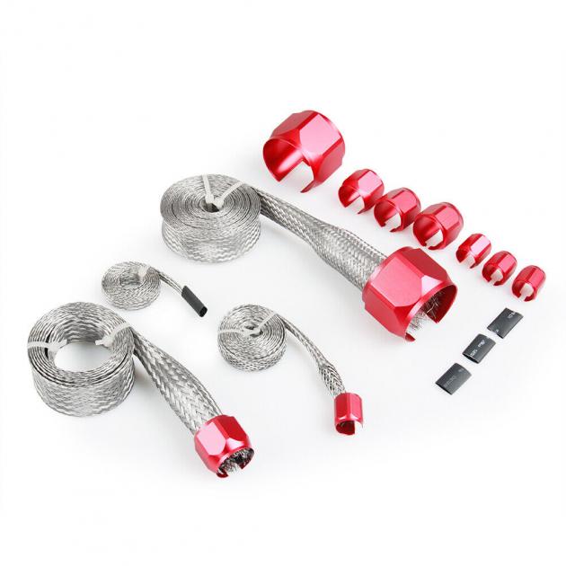 Redline Restomotive Universal Hose Cover Kit, Stainless Steel Braided, with Red Clamps