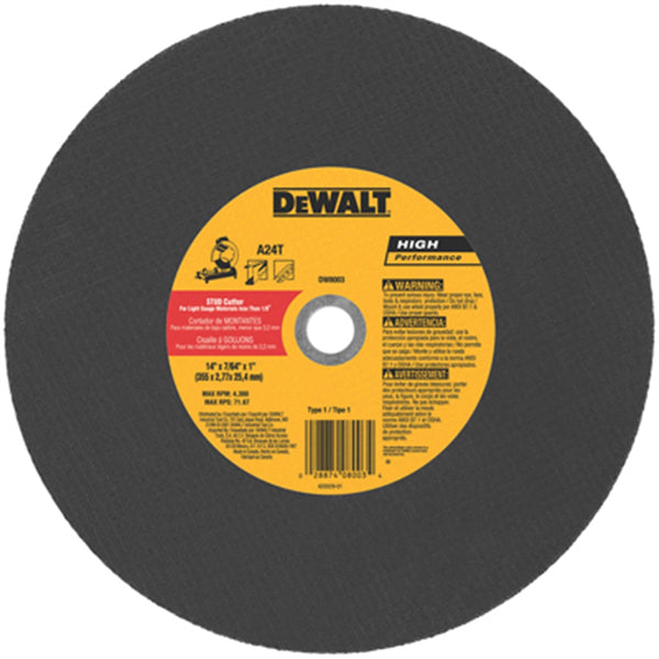 DeWalt 14" Chop Saw Blade, 1 Inch Arbor, 7/64 Thick, used for Stud Cutting, Max RPM 4,300