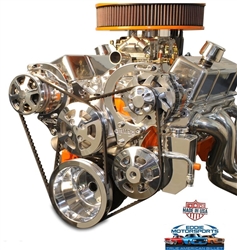 Chevy Small Block Billet Aluminum Complete V-Drive V-Belt Kit with A/C and BILLET Power Steering Reservoir