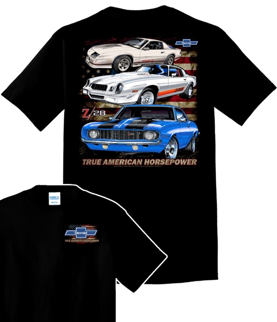 Camaro Through the Generations with Old Glory backgroud - Black T-shirt