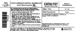 1992 Camaro 3.1 Engine Emission Decal, with Manual Transmission, PAK Code 10165134