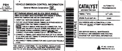 1992 Camaro 3.1 Engine Emission Decal with California Regulations, Auto Transmission, PBH Code 10165153