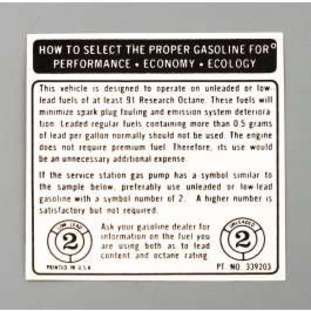 Camaro Decal, Fuel Recommendation, 1973-1974