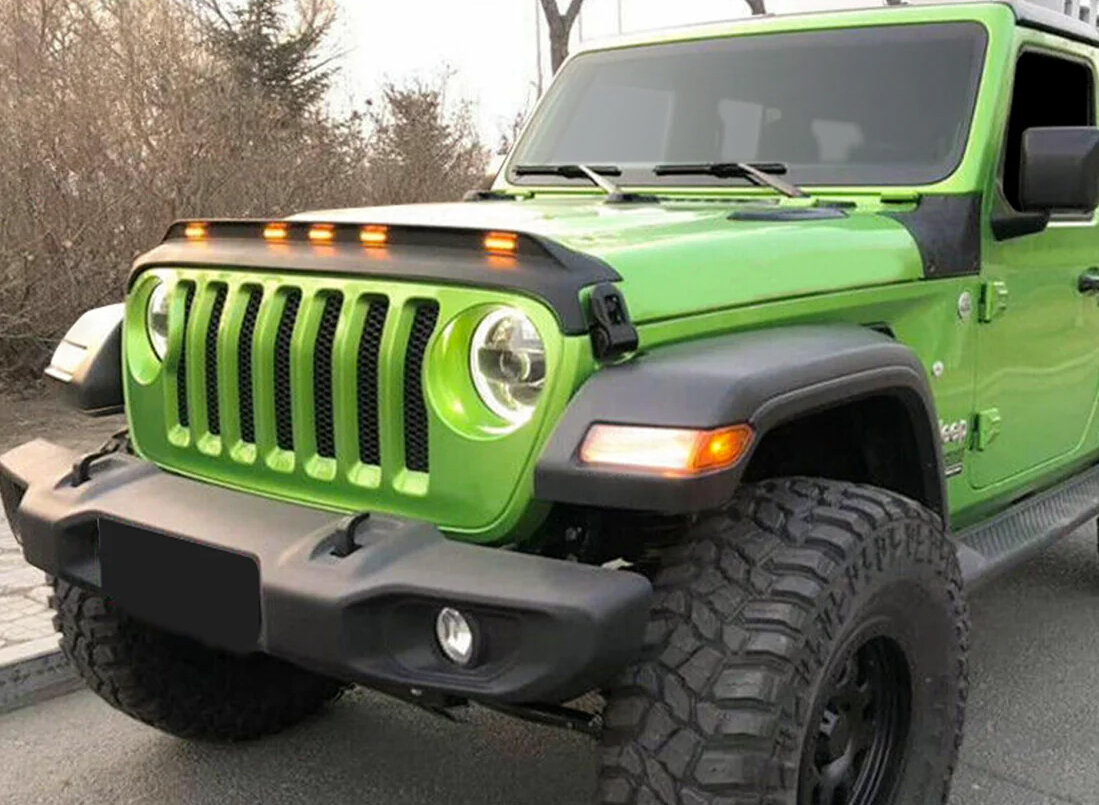 American Modified AMJPCA00204 Front Hood Protector Stone Guard W/ Amber LED Lights for 18-26 Jeep Wrangler JL & Gladiator JT