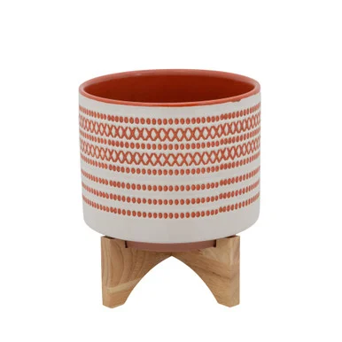 Aztec Ceramic Planter on Stand – 9″ – Orange and Cream