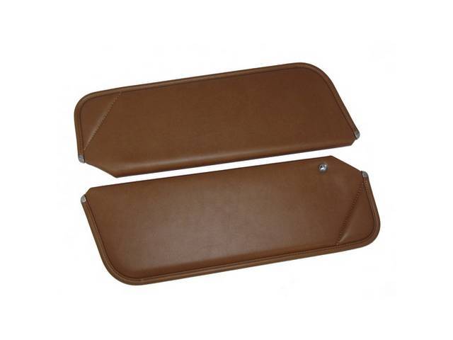 SUNVISOR SET, Camel Tan, Madrid Grain, 1 Pin Style w/ set screw (screw will face down on RH side, up on LH side, just like original), Repro