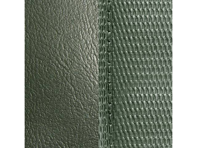 Restoration Quality Front Bucket & Fold Down Rear Seat Upholstery Set, Dark Green Met Madrid Grain Vinyl w/ Comfortweave Inserts & Buttons, repro (69)