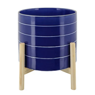 Ceramic Striped Planter with Stand – 10″ – Navy Blue