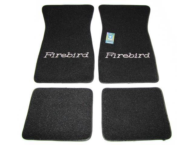 Floor Mats, Carpet, Raylon (Loop Style), Black W/ *Firebird* In Silver Lettering, (4)