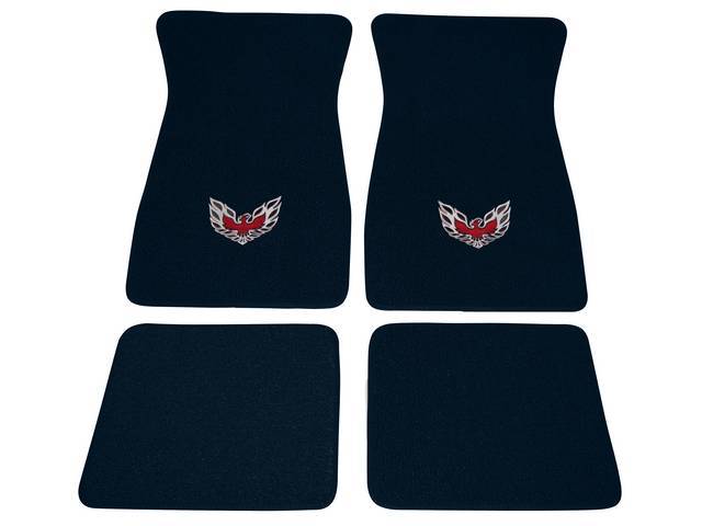 FLOOR MATS, Carpet, Raylon (Loop Style), Dark Blue w/ *Flaming Bird* design in red, silver and black, (4)