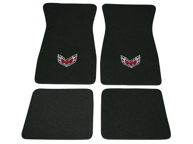 FLOOR MATS, Carpet, Raylon (Loop Style), Dark Green w/ *Flaming Bird* design in red, silver and black, (4)