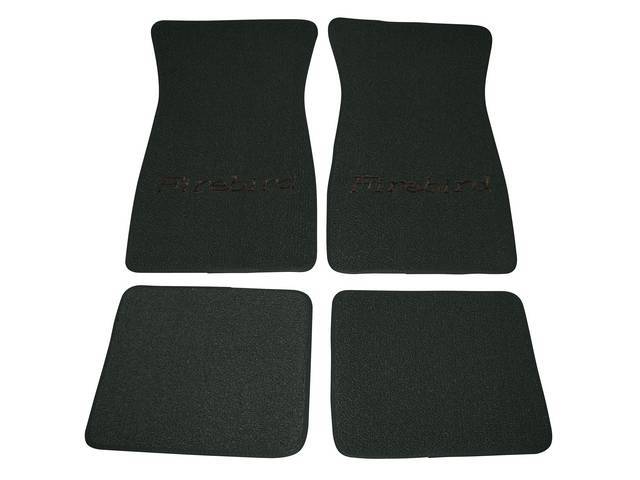 FLOOR MATS, Carpet, Raylon (Loop Style), Dark Green w/ *Firebird* in black lettering, (4)