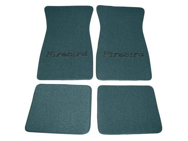 FLOOR MATS, Carpet, Raylon (Loop Style), Turquoise w/ *Firebird* in black lettering, (4)