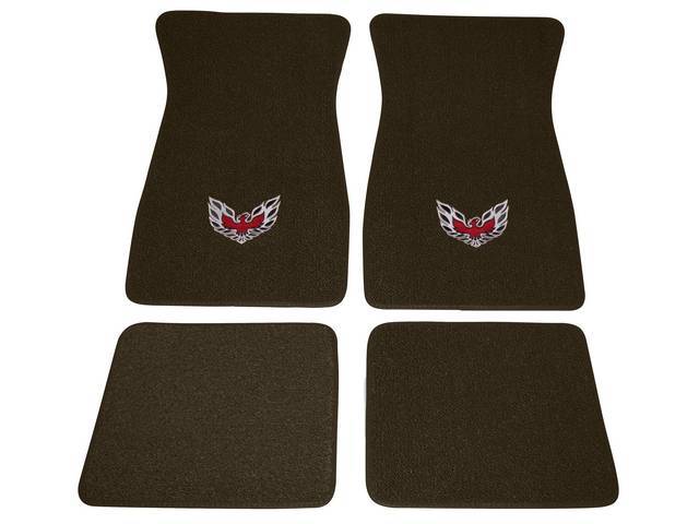 FLOOR MATS, Carpet, Raylon (Loop Style), Dark Saddle w/ *Firebird* in black lettering, (4)