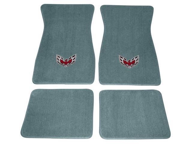 FLOOR MATS, Carpet, Cut Pile, Medium Blue w/ *Flaming Bird* design in red, silver and black, (4)