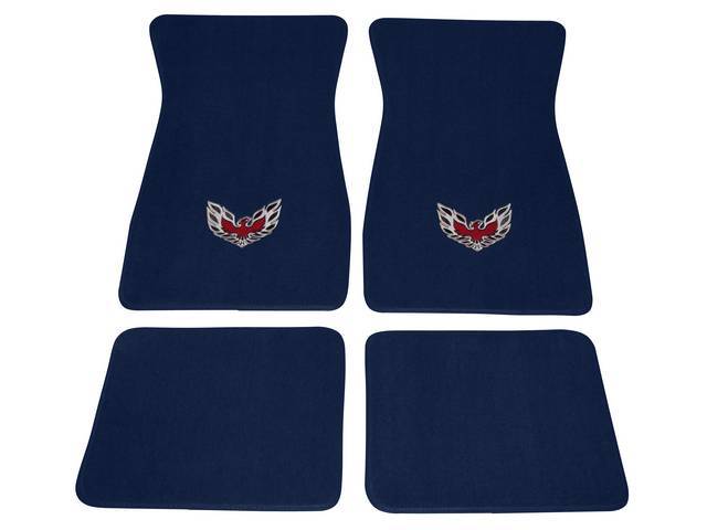 FLOOR MATS, Carpet, Cut Pile, Dark Blue w/ *Flaming Bird* design in red, silver and black, (4)