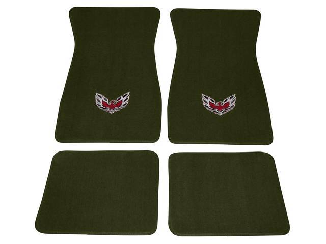 FLOOR MATS, Carpet, Cut Pile, Dark Green w/ *Flaming Bird* design in red, silver and black, (4)