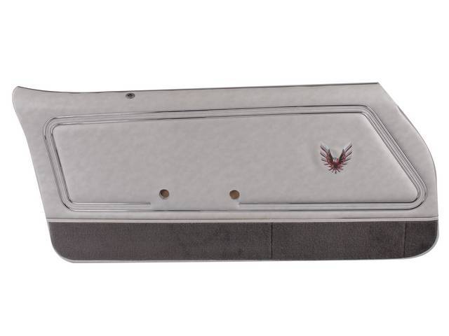 PANEL SET, Inside Door, Pre-Assembled, Dlx Indy Pace Car, Oyster w/ multi-colored embroidered *bird* and dark gray carpet along the bottom