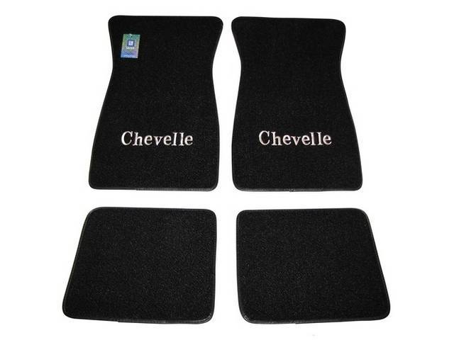 Floor Mats, Carpet, Raylon (Loop Style), Black W/ *Chevelle* In Silver Lettering, (4)