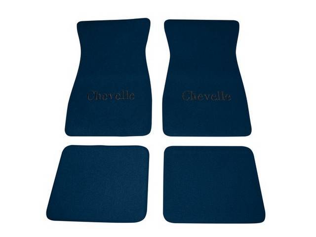 Carpet Floor Mats, Raylon Loop, 4-piece, Medium Blue w/ *Chevelle* in black lettering