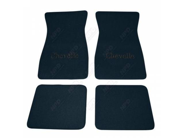 FLOOR MATS, Carpet, Raylon (Loop Style), Dark Blue w/ *Chevelle* in black lettering, (4)
