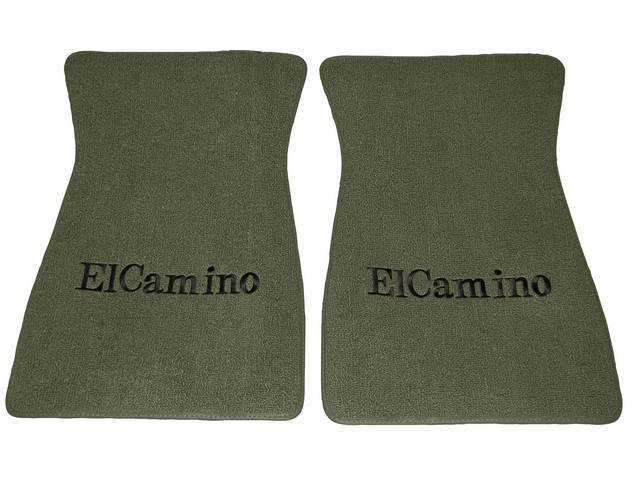 FLOOR MATS, Carpet, Raylon (Loop Style), Medium Green (Actual Color is Moss Green) w/ *El Camino* in black lettering, (2)
