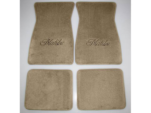 FLOOR MATS, Carpet, Cut Pile, Light Neutral (Light Gray) w/ *Malibu* in black lettering, (4)
