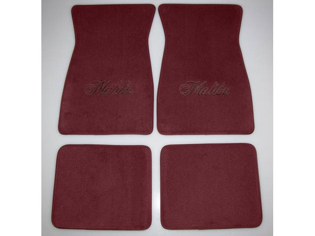 FLOOR MATS, Carpet, Cut Pile, Oxblood (Darkest Red) w/ *Malibu* in black lettering, (4)