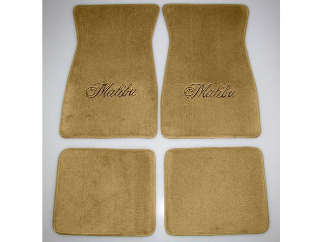 FLOOR MATS, Carpet, Cut Pile, Light Saddle w/ *Malibu* in black lettering, (4)