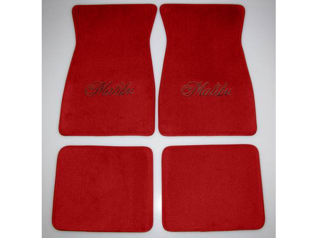 FLOOR MATS, Carpet, Cut Pile, Firethorn (Lighter than Oxblood or Maroon) w/ *Malibu* in black lettering, (4)