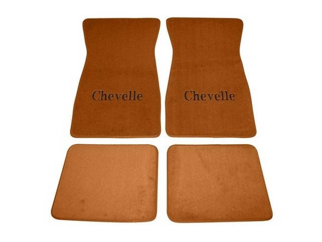 FLOOR MATS, Carpet, Cut Pile, Chamois (Light Brown) w/ *Chevelle* in black lettering, (4)
